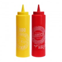 SET DE 2 BOTELLINES DE PLASTICO PARA SALSAS DISEÑO BBQ KETCHUP/MOSTAZA 200X55MM